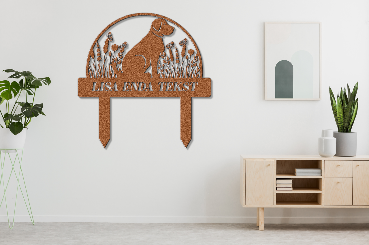 A cute dog sign with stakes
