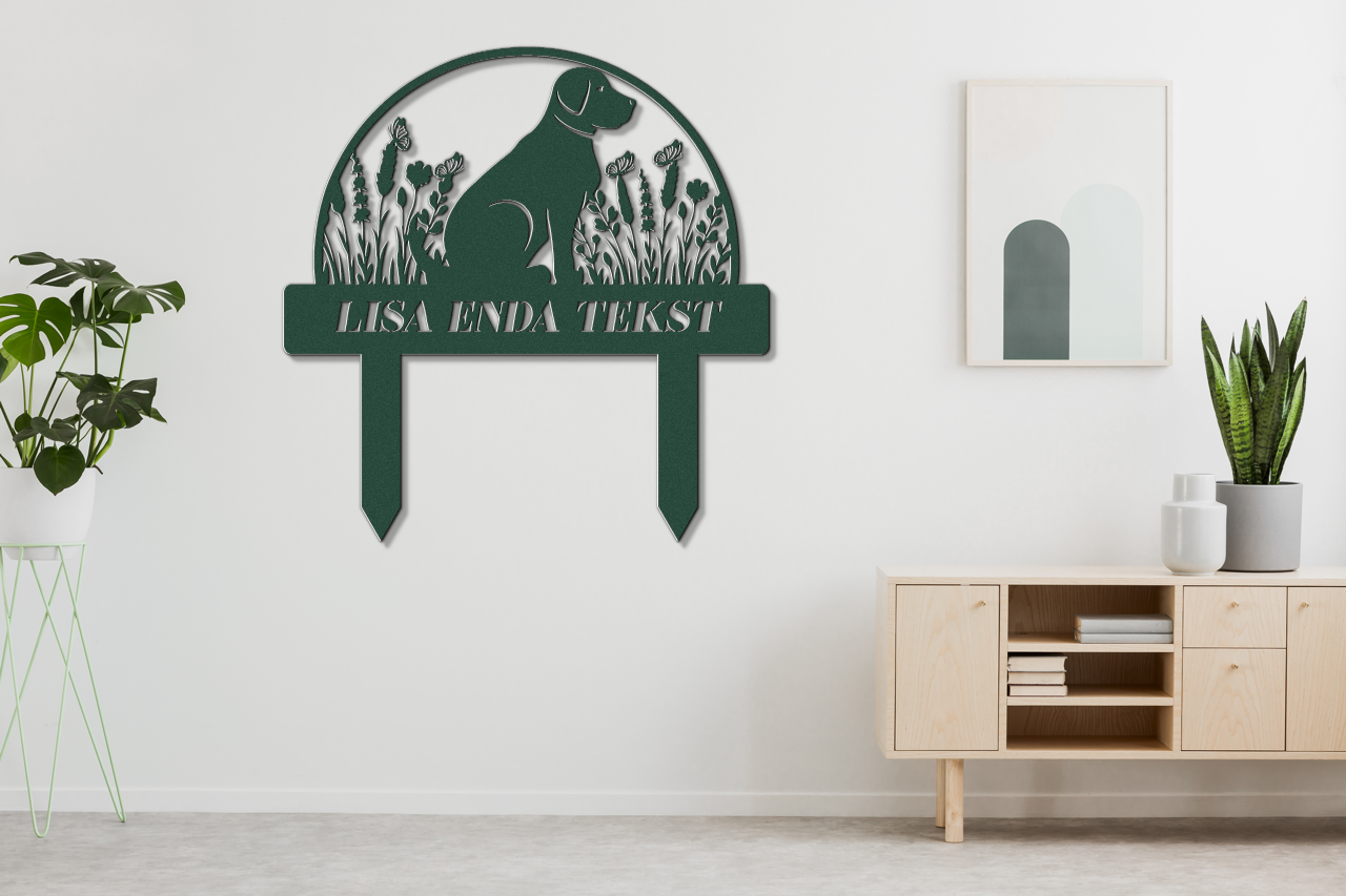 A cute dog sign with stakes