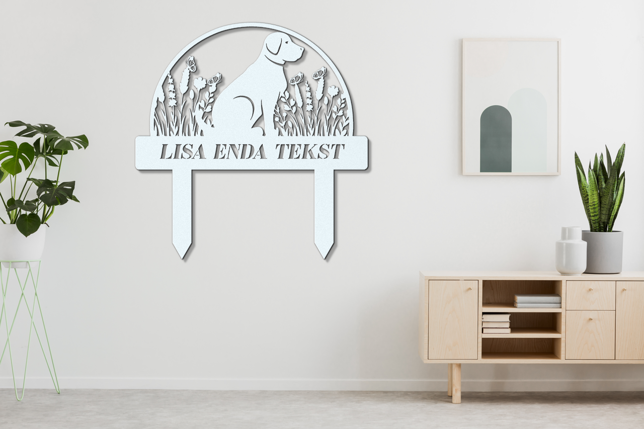 A cute dog sign with stakes
