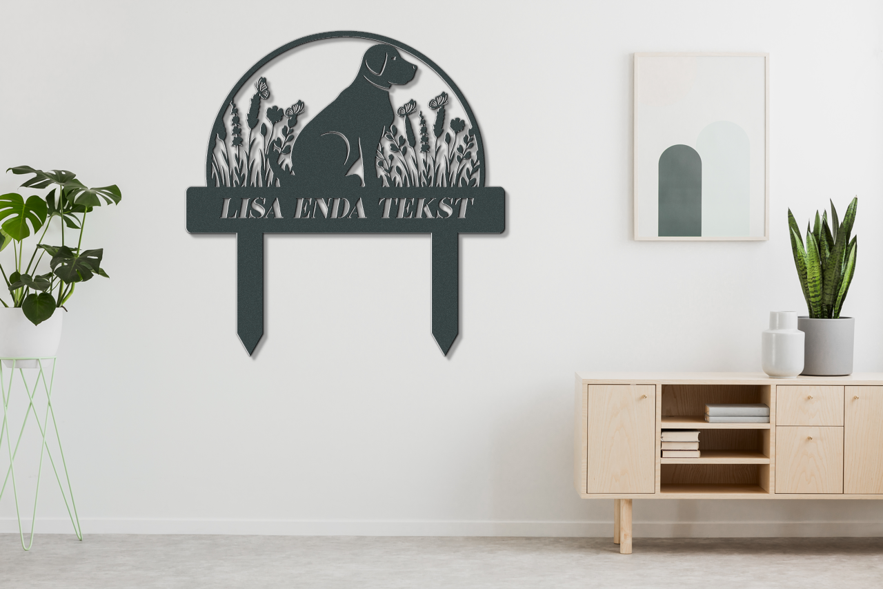 A cute dog sign with stakes