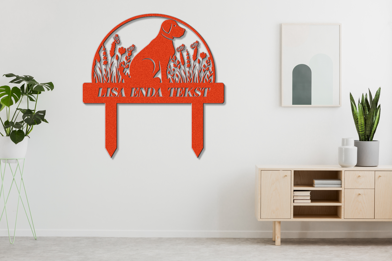 A cute dog sign with stakes