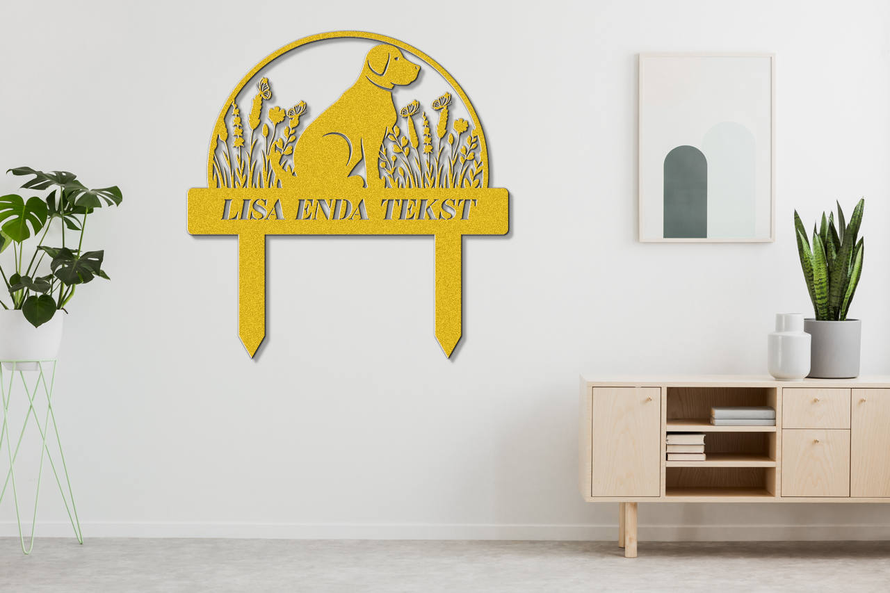 A cute dog sign with stakes