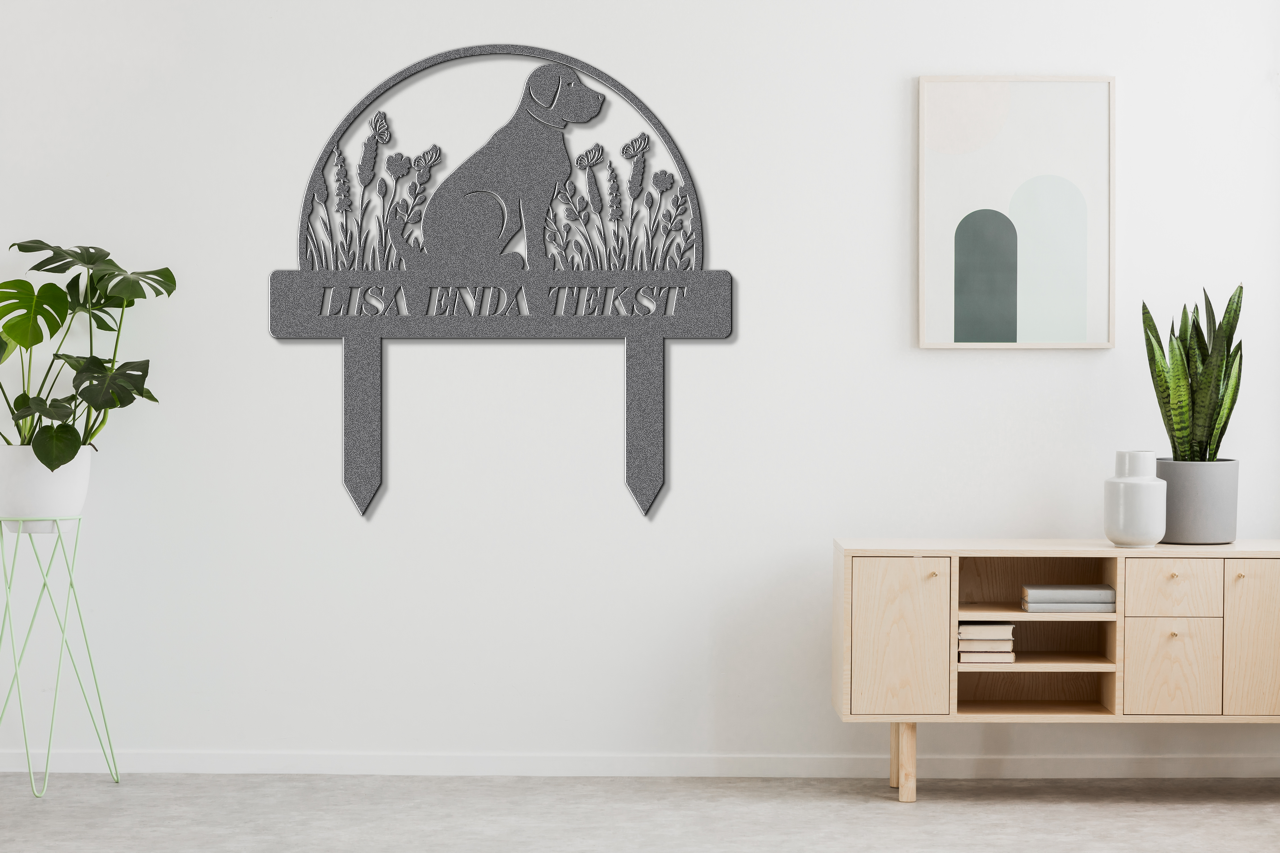 A cute dog sign with stakes