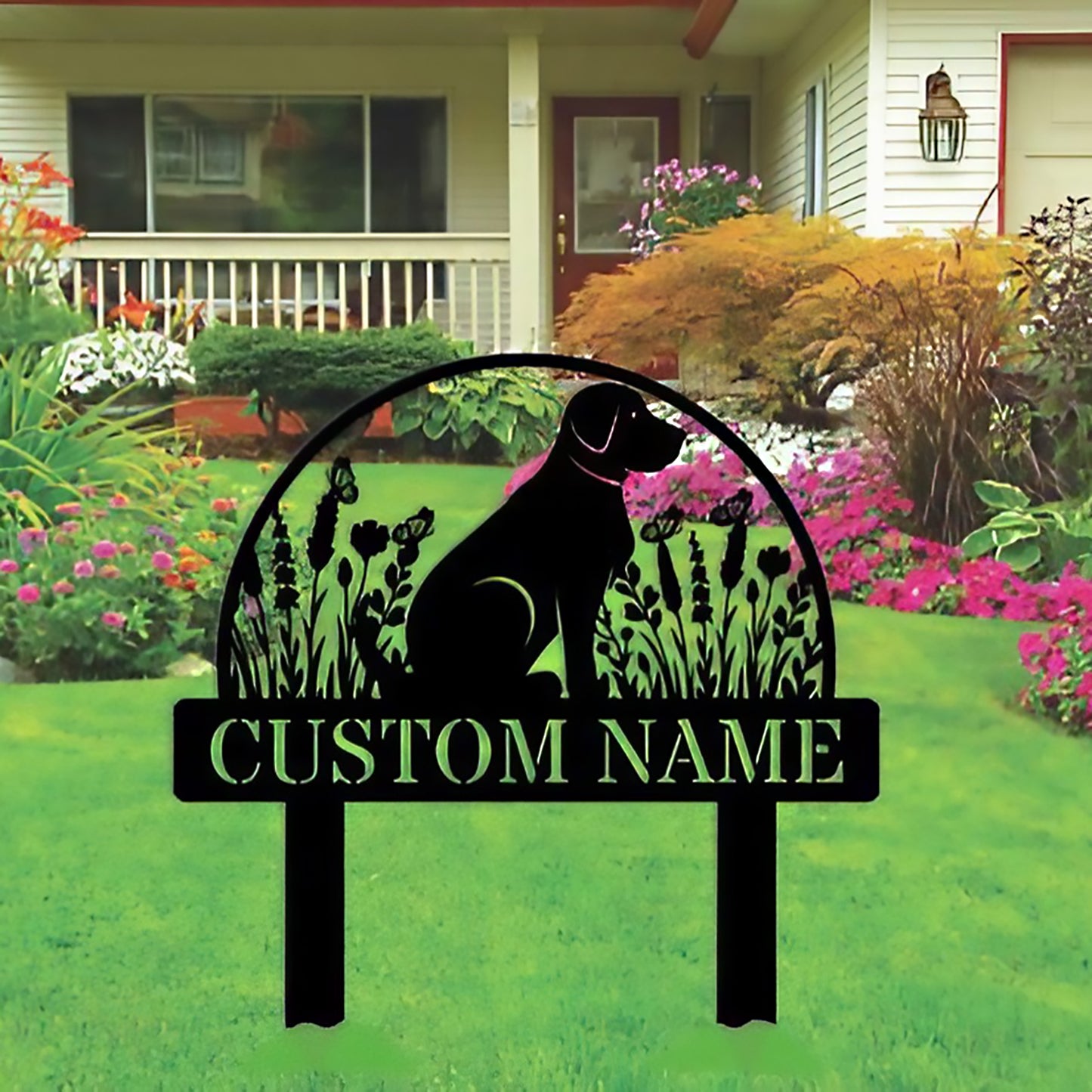 A cute dog sign with stakes