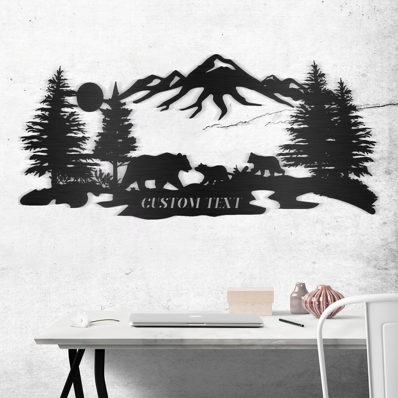 Bear family with mountains