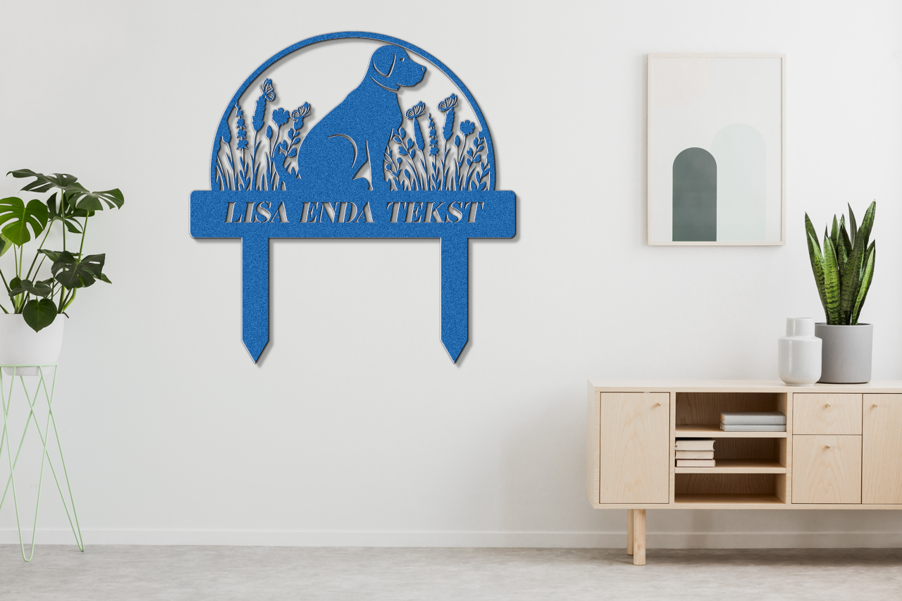 A cute dog sign with stakes