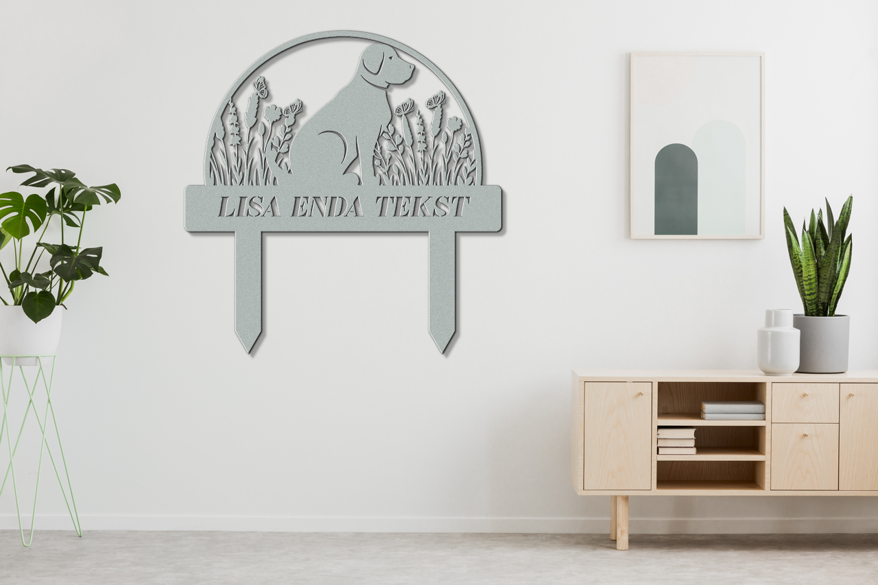A cute dog sign with stakes