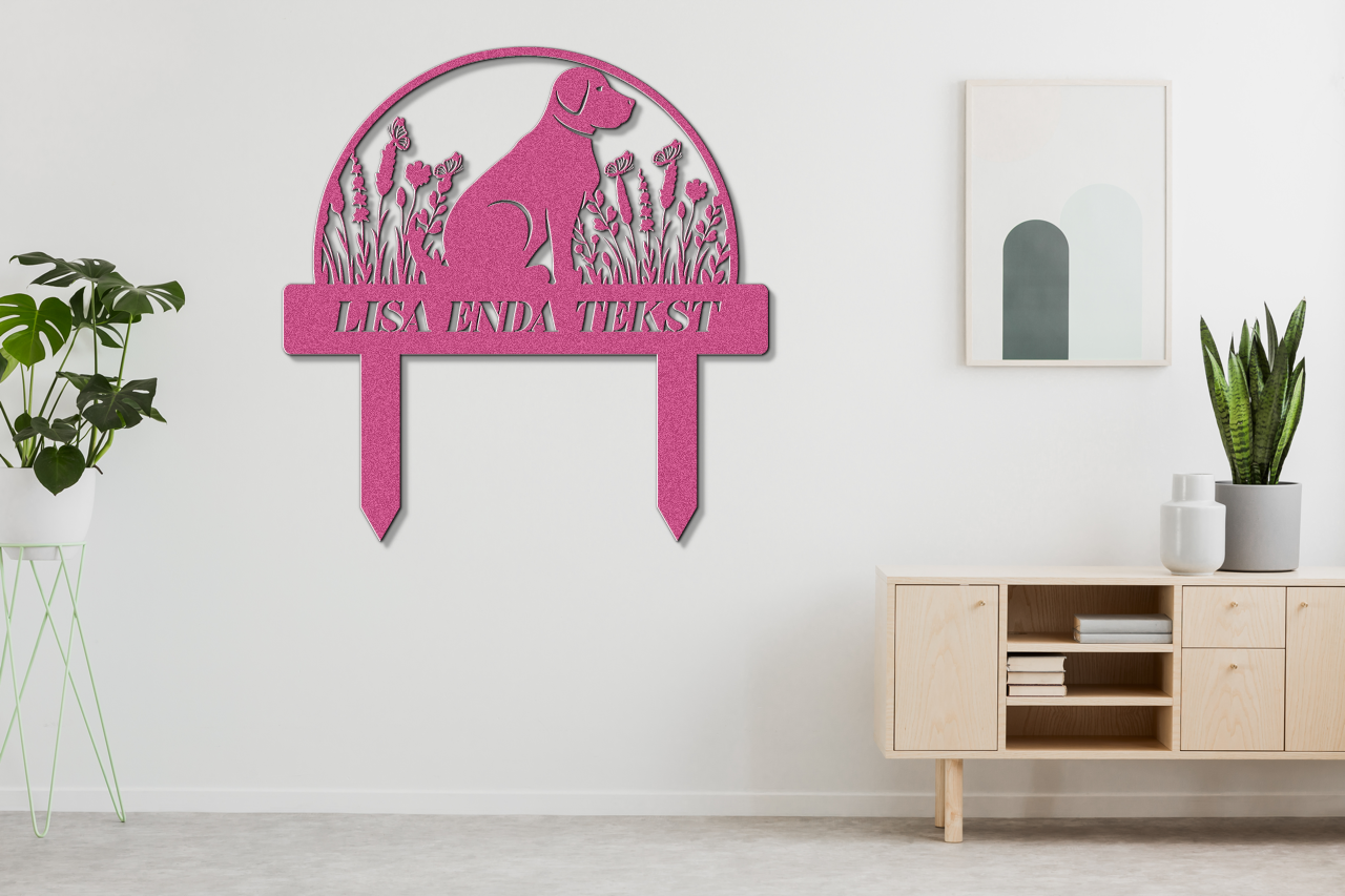 A cute dog sign with stakes