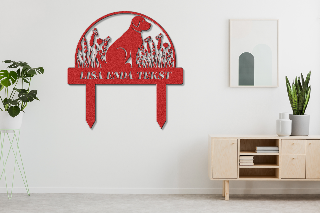 A cute dog sign with stakes